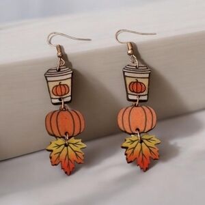 NEW Women's Wooden Pumpkin Fall Latte Coffee Drop‎ Hook Fashion Earrings